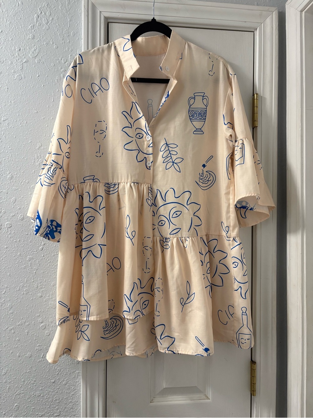 Commense Cream Tunic with Blue Sketch Print